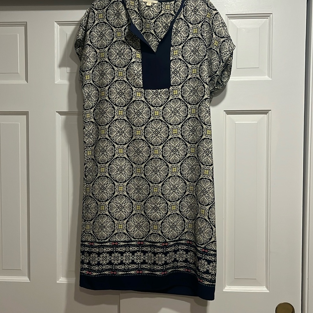Pleione navy mosaic pattern shift dress size small